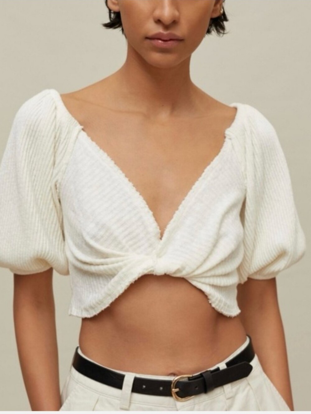 Urban Outfitters Lena Twist-Front Puff Sleeve Crop Top